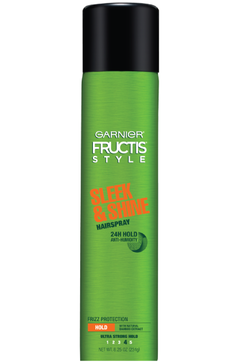 Front pack shot of Garnier Fructis Sleek & Shine hairspray.